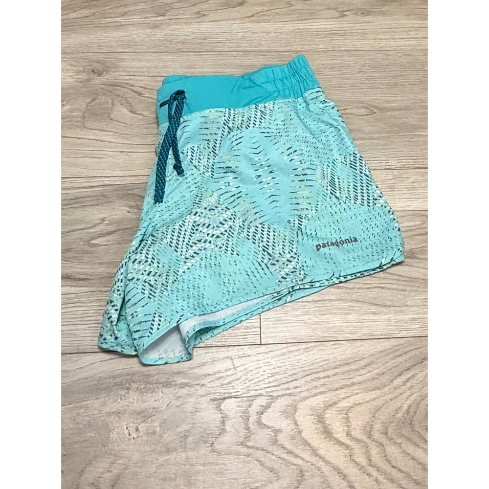 Patagonia Strider Running Shorts Womens Medium Teal Blue Geometric Palm Print